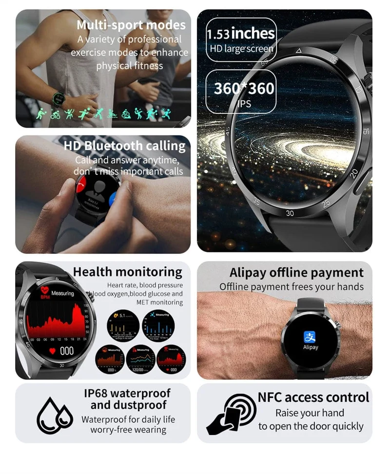 2024 Neue GPS Smart Watch Männer für Huawei GT4Pro HD-Bildschirm Bluetooth-Anrufuhren NFC IP68 wasserdicht Blutzucker Smartwatch Frau