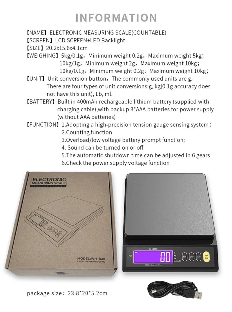 5 kg/0.1 g 10 kg/1 g Digitale elektronische Küchenwaage LCD-Display Vollständig wasserdichtes Edelstahl-Mess- und Wiege-Backwerkzeug