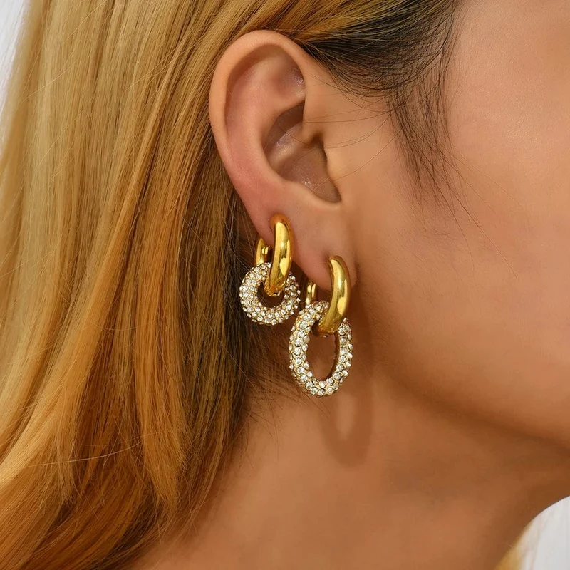 Modische, runde Creolen mit CZ-Zirkon für Frauen, geometrische U-förmige Ohrschnalle, vergoldeter Edelstahlschmuck