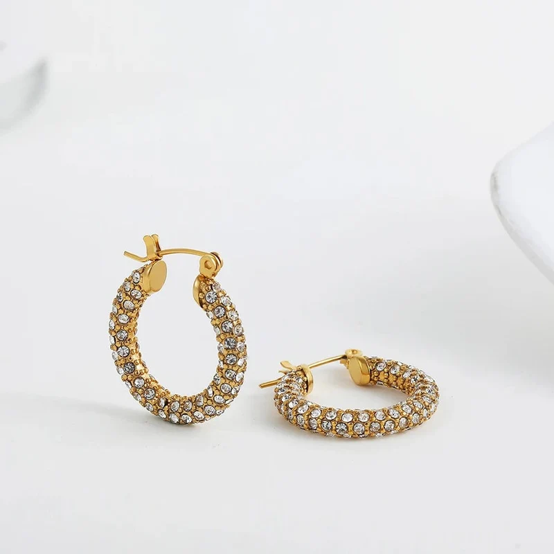 Modische, runde Creolen mit CZ-Zirkon für Frauen, geometrische U-förmige Ohrschnalle, vergoldeter Edelstahlschmuck