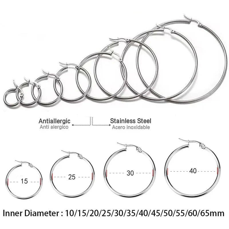LUXUSTEEL 2 Stücke 10-70mm Edelstahl Creolen Für Frauen Männer Silber Farbe Runde Kleine Große Kreis Huggies Punk Schmuck