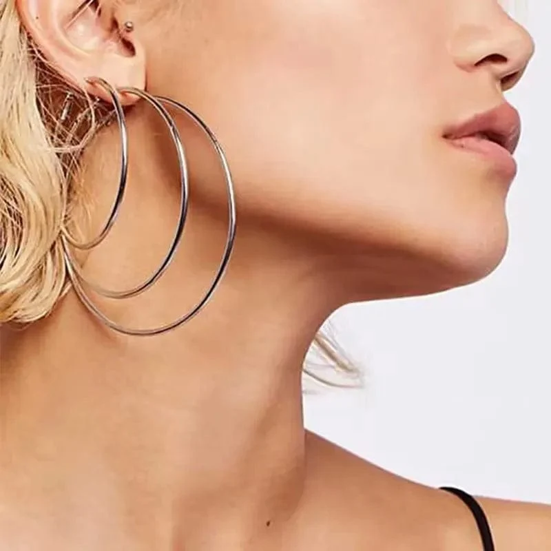 LUXUSTEEL 2 Stücke 10-70mm Edelstahl Creolen Für Frauen Männer Silber Farbe Runde Kleine Große Kreis Huggies Punk Schmuck