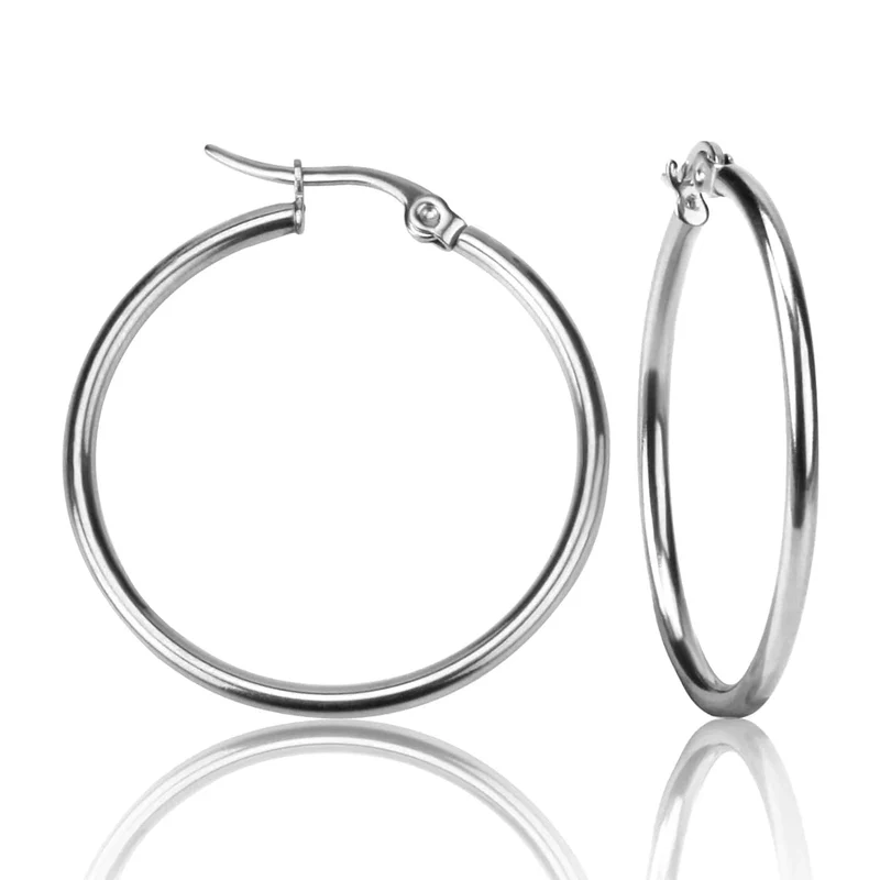LUXUSTEEL 2 Stücke 10-70mm Edelstahl Creolen Für Frauen Männer Silber Farbe Runde Kleine Große Kreis Huggies Punk Schmuck