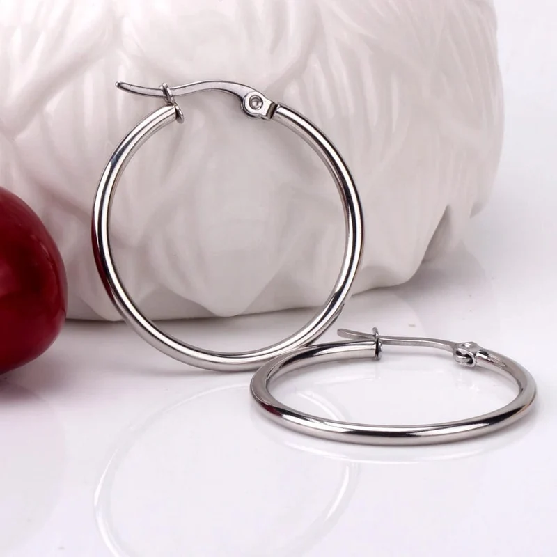 LUXUSTEEL 2 Stücke 10-70mm Edelstahl Creolen Für Frauen Männer Silber Farbe Runde Kleine Große Kreis Huggies Punk Schmuck