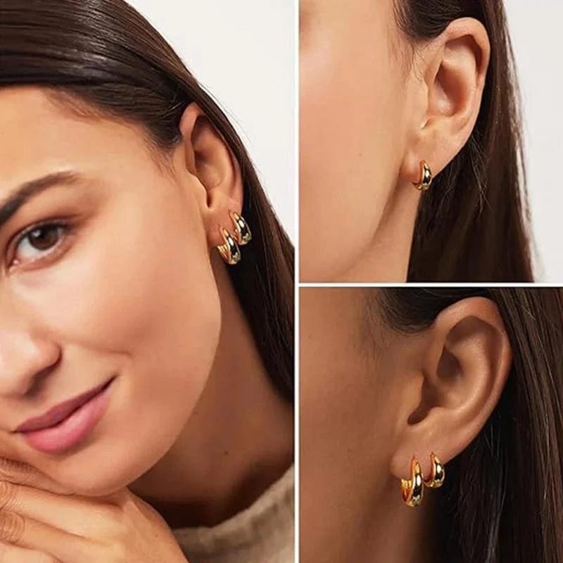 3 Paar klobige Creolen-Set in Goldfarbe für Frauen und Mädchen, 2024 Trendschmuck, stapelbar, Piercing, zierliche Twist-Cuff-Ohrringe