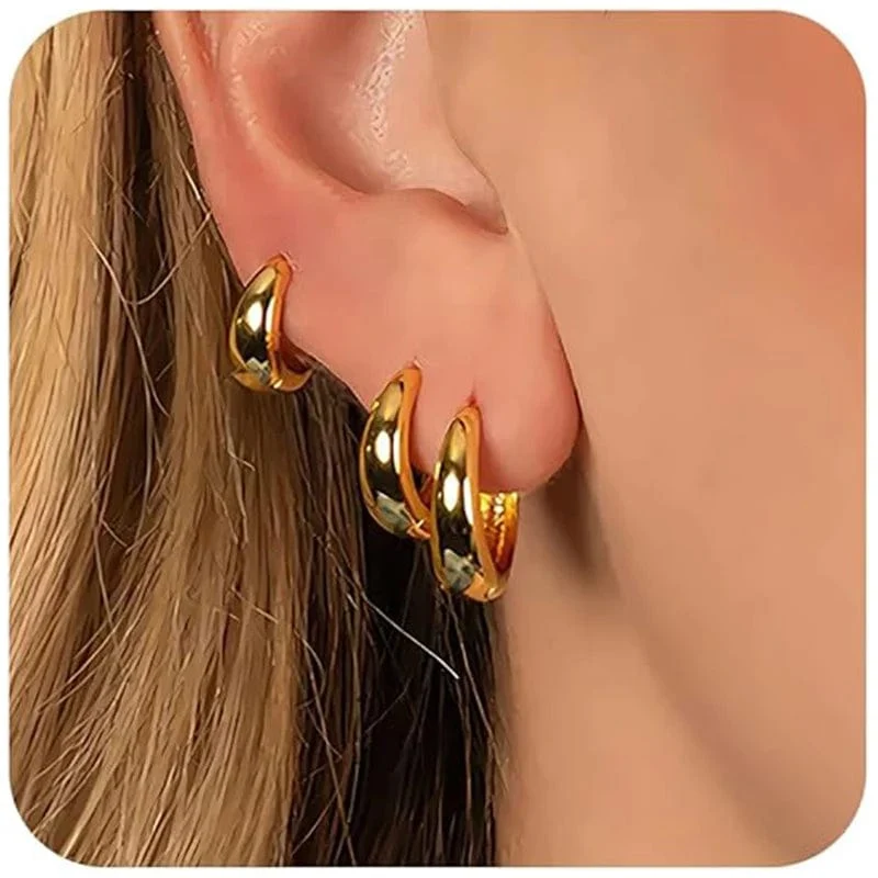 3 Paar klobige Creolen-Set in Goldfarbe für Frauen und Mädchen, 2024 Trendschmuck, stapelbar, Piercing, zierliche Twist-Cuff-Ohrringe