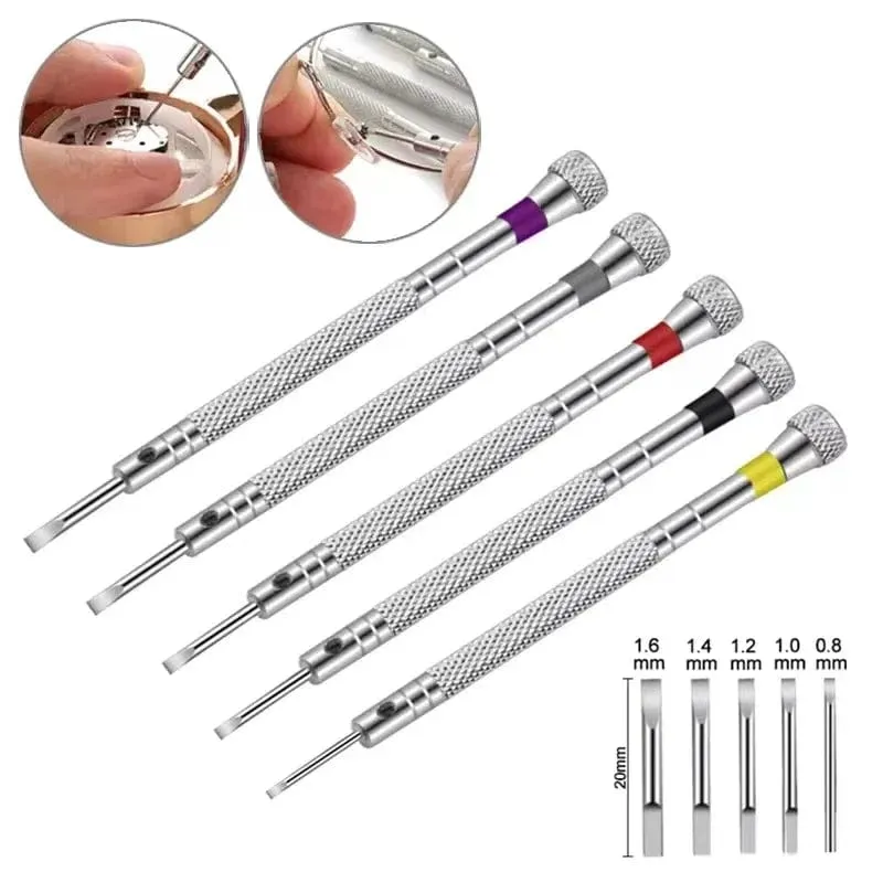 5-teiliges Set, 0.8–1.6 mm Stahlschraubendreher für die Uhrenreparatur, tragbare Uhrenwerkzeuge, Armbandentfernung mit Mini-Verbindungsstiften, Uhrmacherwerkzeuge