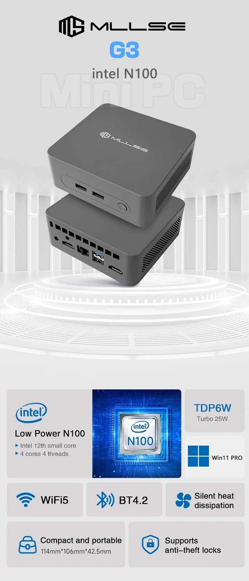 MLLSE G3 Mini-PC Gemini-Lake N100 Windows 11 Pro Intel 12. DDR4 8 GB RAM 256 GB ROM WiFi 5 BT4.2 Desktop-Computer Mini-PC Arbeit