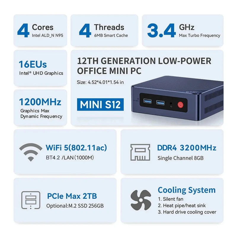 Beelink Mini S12 Pro Intel 12. Generation N100 16G 500G Mini S12 Intel N95 Mini-PC DDR4 8G 256G SSD Desktop-Gaming-Computer VS T8 Pro