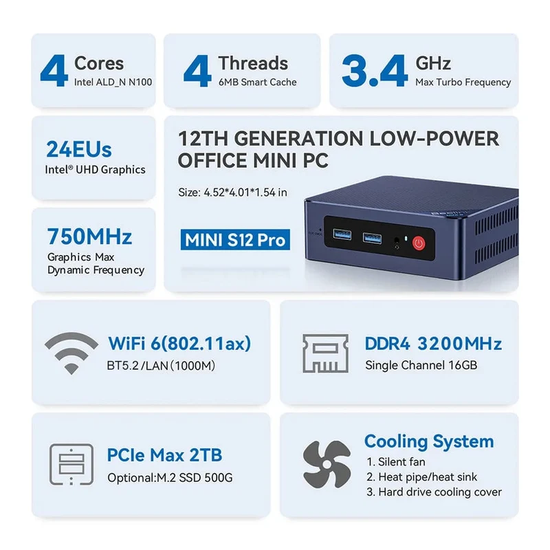Beelink Mini S12 Pro Intel 12. Generation N100 16G 500G Mini S12 Intel N95 Mini-PC DDR4 8G 256G SSD Desktop-Gaming-Computer VS T8 Pro