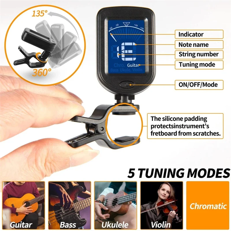 Gitarrentuner für alle Instrumente, elektronisches Stimmgerät zum Anklipsen für Gitarre, Bass, Ukulele, Violine, Mandoline, Banjo