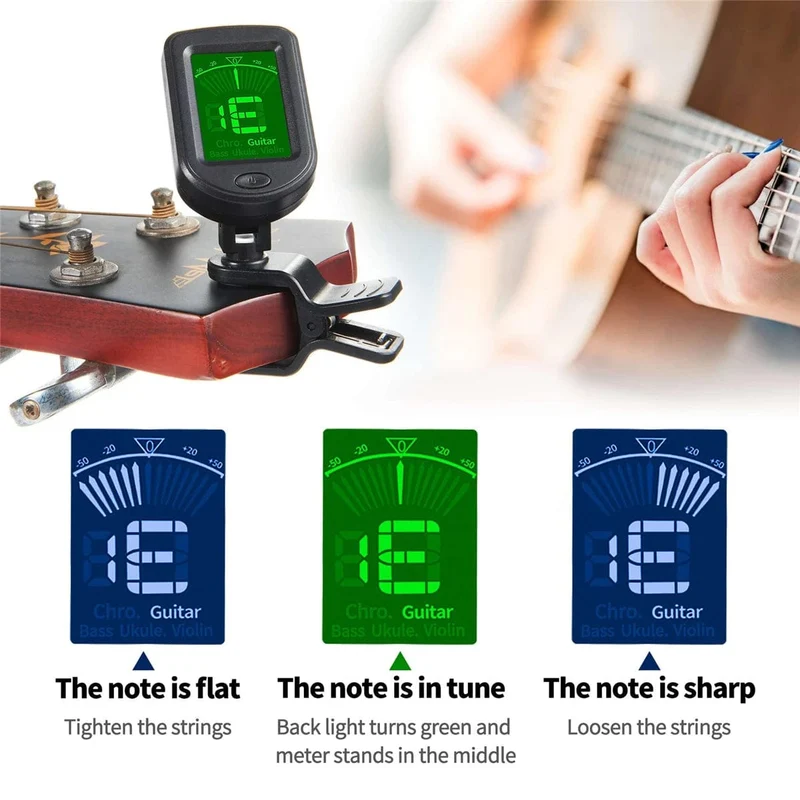 Gitarrentuner für alle Instrumente, elektronisches Stimmgerät zum Anklipsen für Gitarre, Bass, Ukulele, Violine, Mandoline, Banjo