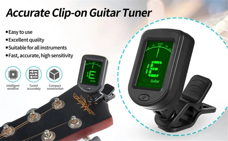Gitarrentuner für alle Instrumente, elektronisches Stimmgerät zum Anklipsen für Gitarre, Bass, Ukulele, Violine, Mandoline, Banjo