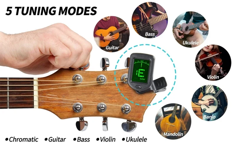 Gitarrentuner für alle Instrumente, elektronisches Stimmgerät zum Anklipsen für Gitarre, Bass, Ukulele, Violine, Mandoline, Banjo