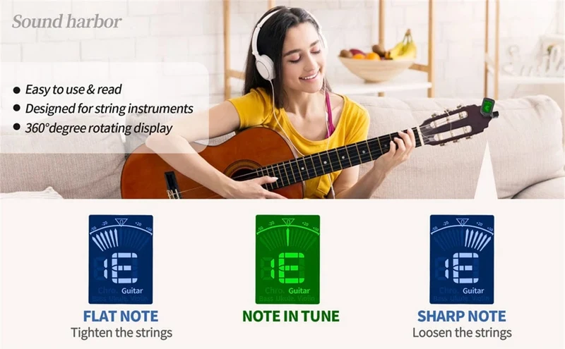Gitarrentuner für alle Instrumente, elektronisches Stimmgerät zum Anklipsen für Gitarre, Bass, Ukulele, Violine, Mandoline, Banjo