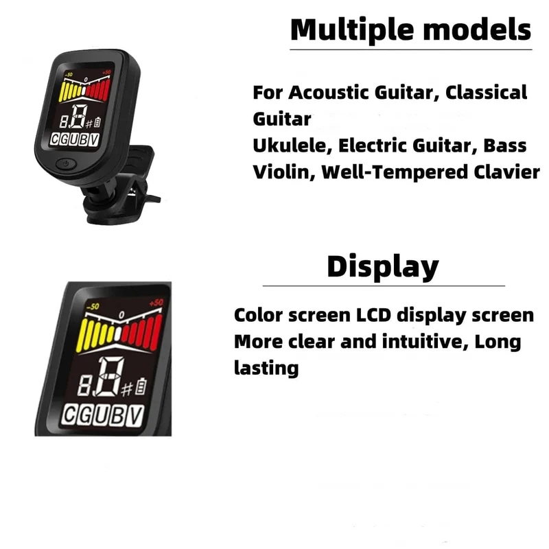 Gitarrentuner für alle Instrumente, elektronisches Stimmgerät zum Anklipsen für Gitarre, Bass, Ukulele, Violine, Mandoline, Banjo