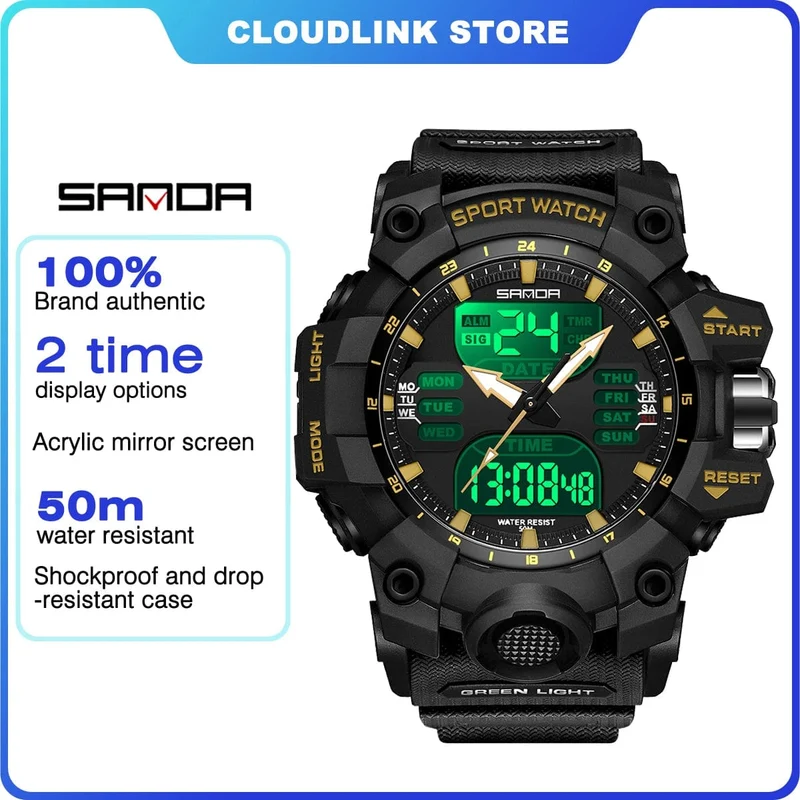 Sanda 6126 Herren-Armbanduhr mit digitaler LED-Anzeige, 3 ATM wasserdicht, Uhrwerk, Chronograph, Sportarmband aus Kunstharz