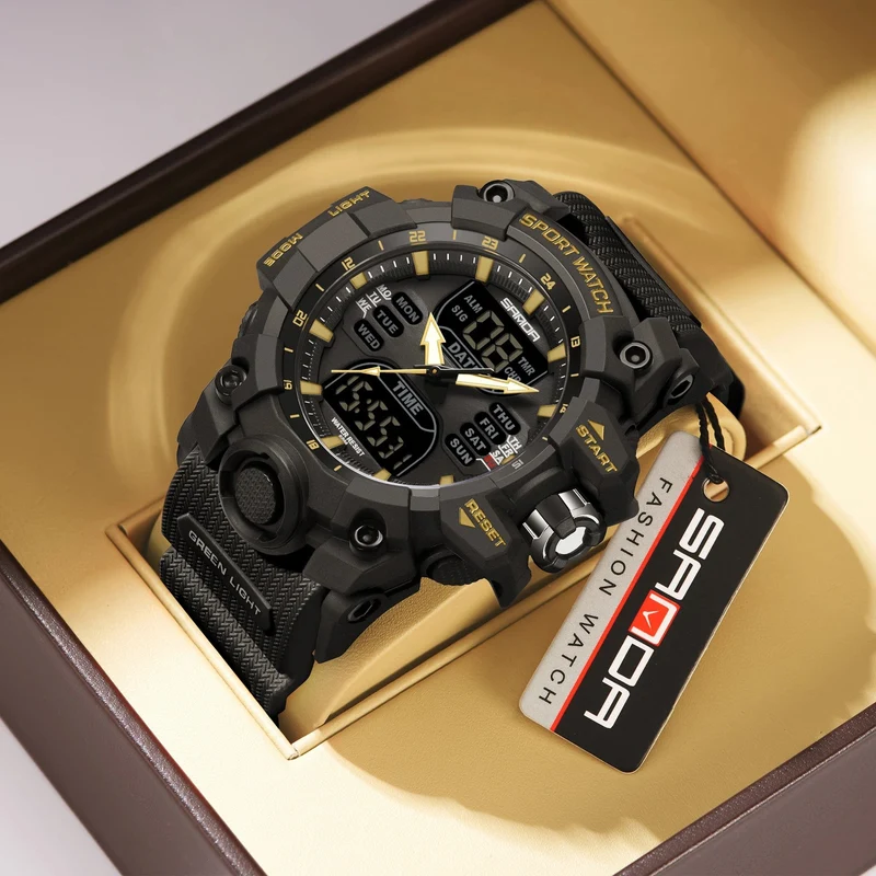 Sanda 6126 Herren-Armbanduhr mit digitaler LED-Anzeige, 3 ATM wasserdicht, Uhrwerk, Chronograph, Sportarmband aus Kunstharz