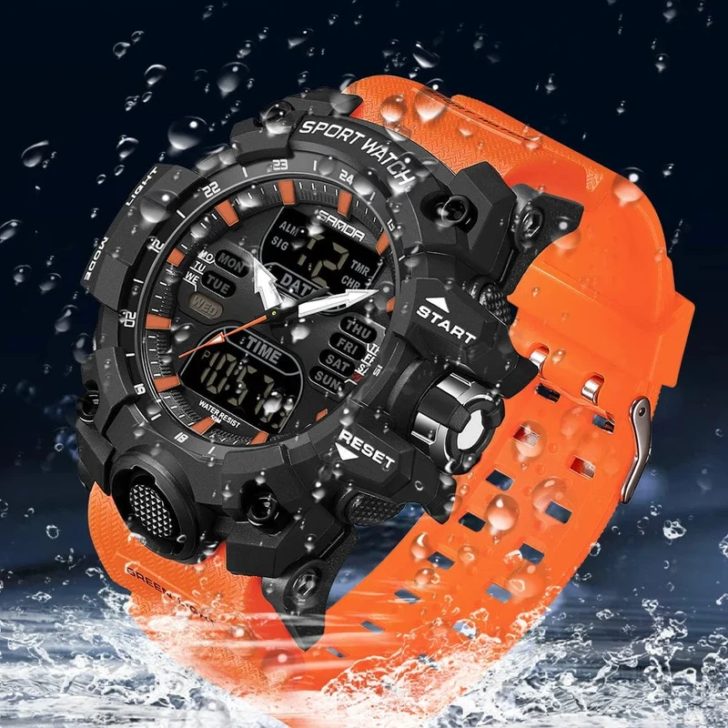 Sanda 6126 Herren-Armbanduhr mit digitaler LED-Anzeige, 3 ATM wasserdicht, Uhrwerk, Chronograph, Sportarmband aus Kunstharz