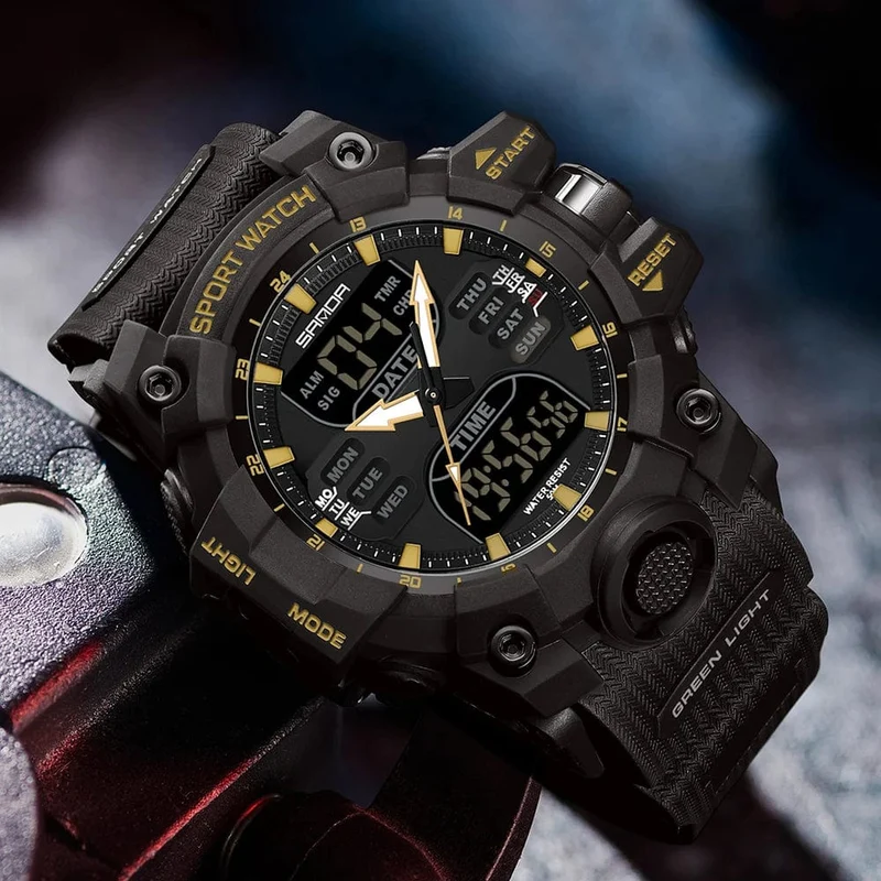 Sanda 6126 Herren-Armbanduhr mit digitaler LED-Anzeige, 3 ATM wasserdicht, Uhrwerk, Chronograph, Sportarmband aus Kunstharz