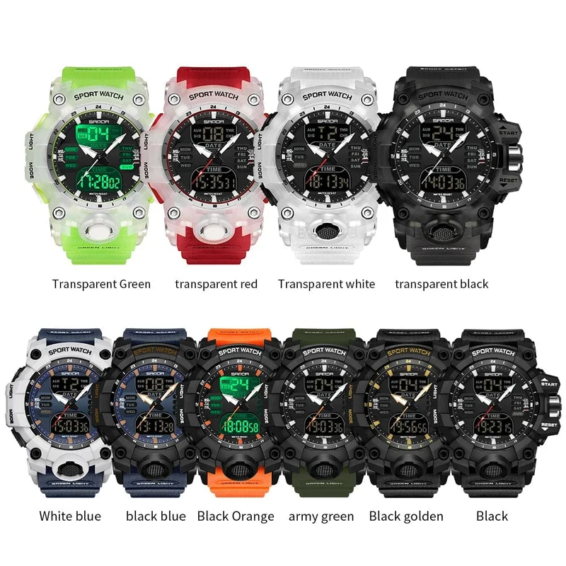 Sanda 6126 Herren-Armbanduhr mit digitaler LED-Anzeige, 3 ATM wasserdicht, Uhrwerk, Chronograph, Sportarmband aus Kunstharz