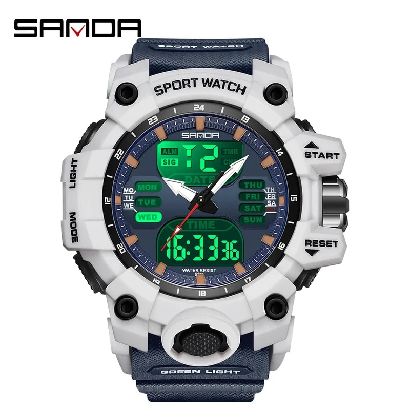 Sanda 6126 Herren-Armbanduhr mit digitaler LED-Anzeige, 3 ATM wasserdicht, Uhrwerk, Chronograph, Sportarmband aus Kunstharz