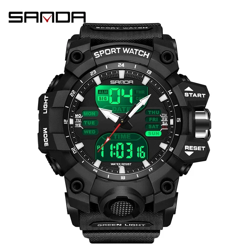 Sanda 6126 Herren-Armbanduhr mit digitaler LED-Anzeige, 3 ATM wasserdicht, Uhrwerk, Chronograph, Sportarmband aus Kunstharz