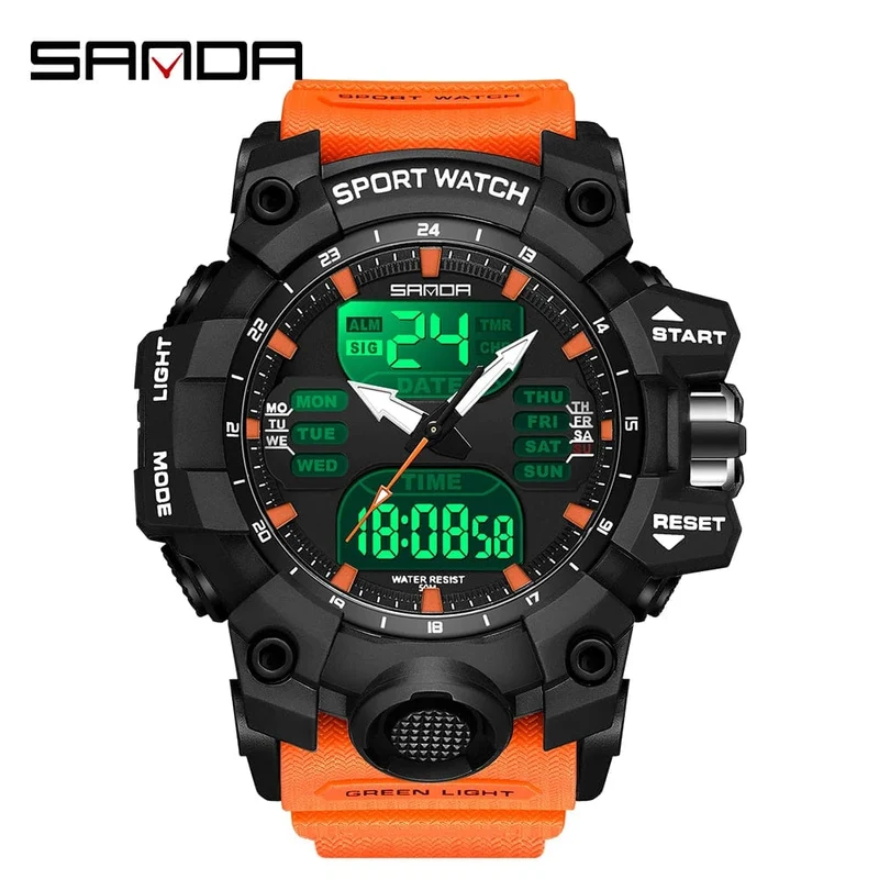 Sanda 6126 Herren-Armbanduhr mit digitaler LED-Anzeige, 3 ATM wasserdicht, Uhrwerk, Chronograph, Sportarmband aus Kunstharz