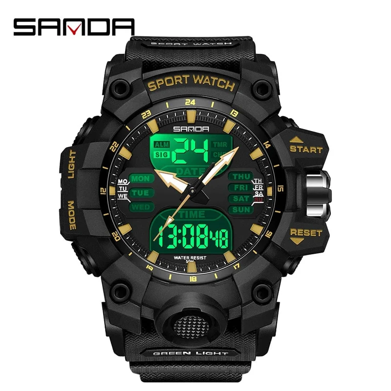 Sanda 6126 Herren-Armbanduhr mit digitaler LED-Anzeige, 3 ATM wasserdicht, Uhrwerk, Chronograph, Sportarmband aus Kunstharz