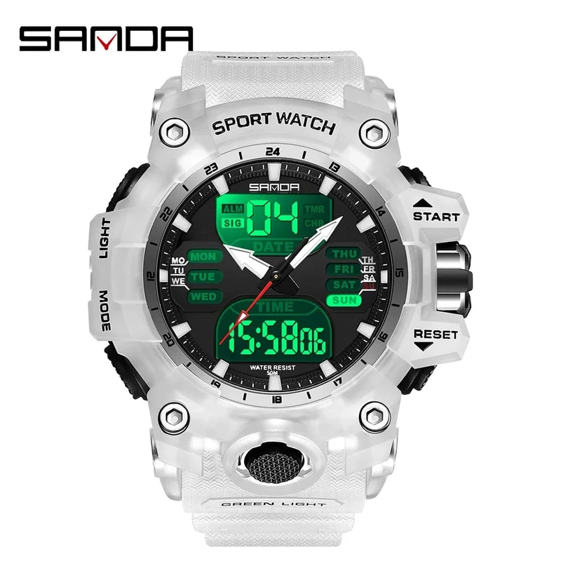 Sanda 6126 Herren-Armbanduhr mit digitaler LED-Anzeige, 3 ATM wasserdicht, Uhrwerk, Chronograph, Sportarmband aus Kunstharz