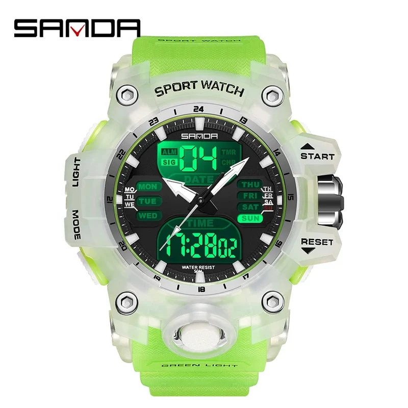 Sanda 6126 Herren-Armbanduhr mit digitaler LED-Anzeige, 3 ATM wasserdicht, Uhrwerk, Chronograph, Sportarmband aus Kunstharz