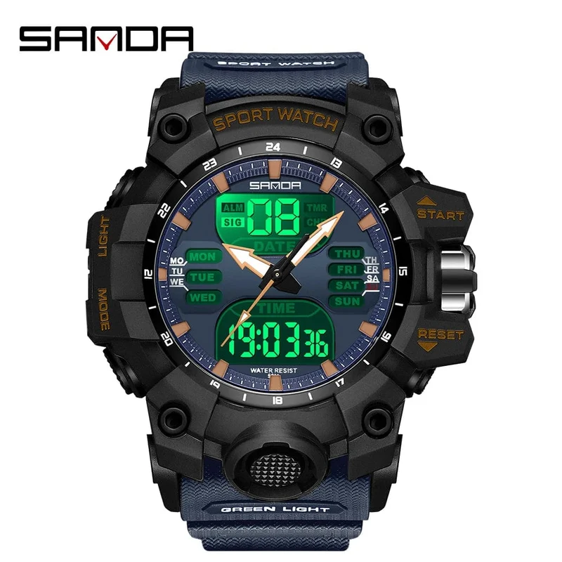 Sanda 6126 Herren-Armbanduhr mit digitaler LED-Anzeige, 3 ATM wasserdicht, Uhrwerk, Chronograph, Sportarmband aus Kunstharz