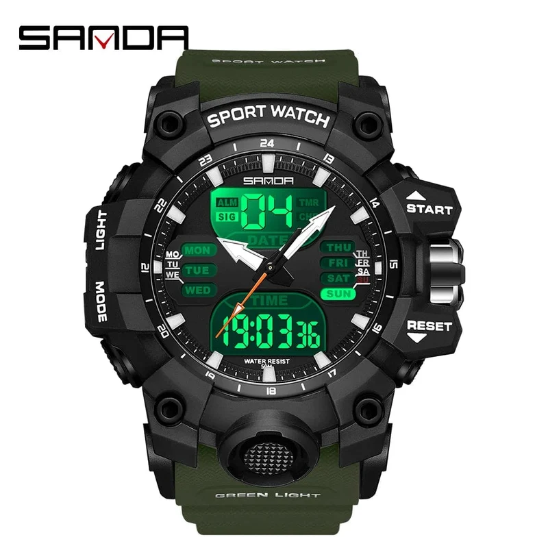 Sanda 6126 Herren-Armbanduhr mit digitaler LED-Anzeige, 3 ATM wasserdicht, Uhrwerk, Chronograph, Sportarmband aus Kunstharz