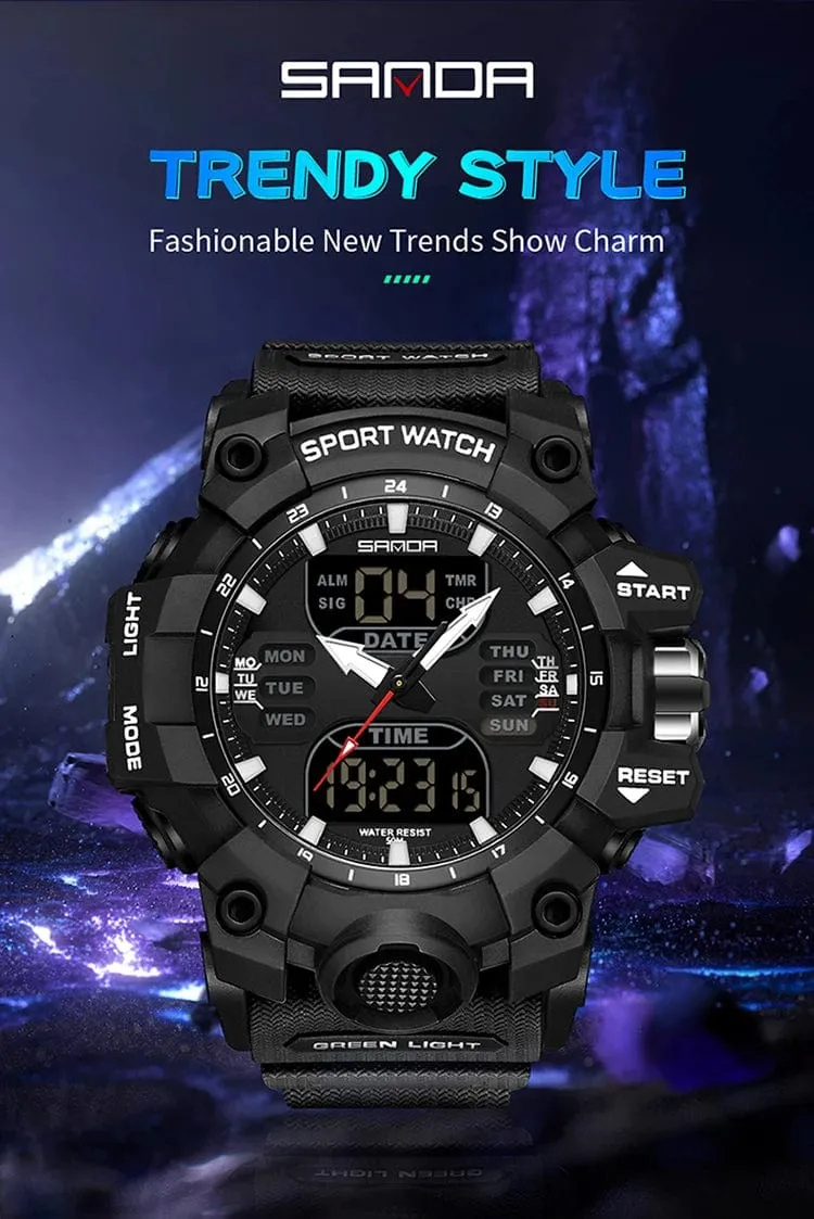 Sanda 6126 Herren-Armbanduhr mit digitaler LED-Anzeige, 3 ATM wasserdicht, Uhrwerk, Chronograph, Sportarmband aus Kunstharz