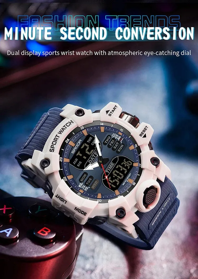 Sanda 6126 Herren-Armbanduhr mit digitaler LED-Anzeige, 3 ATM wasserdicht, Uhrwerk, Chronograph, Sportarmband aus Kunstharz