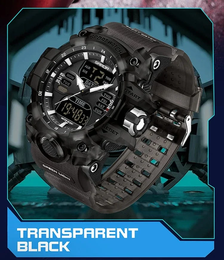 Sanda 6126 Herren-Armbanduhr mit digitaler LED-Anzeige, 3 ATM wasserdicht, Uhrwerk, Chronograph, Sportarmband aus Kunstharz