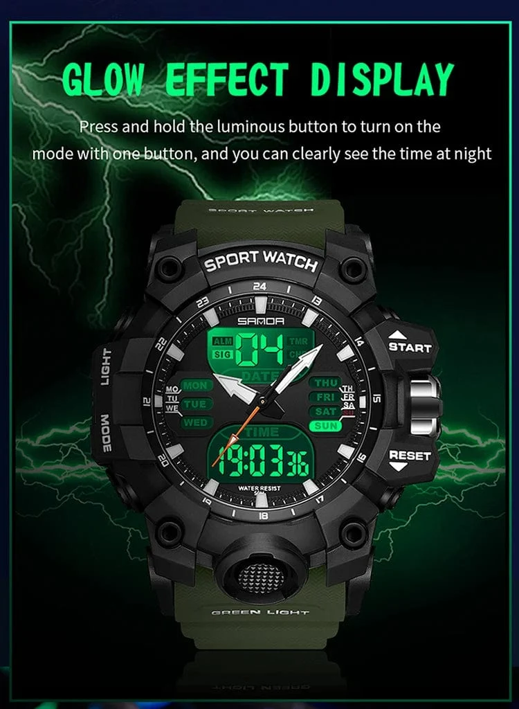 Sanda 6126 Herren-Armbanduhr mit digitaler LED-Anzeige, 3 ATM wasserdicht, Uhrwerk, Chronograph, Sportarmband aus Kunstharz