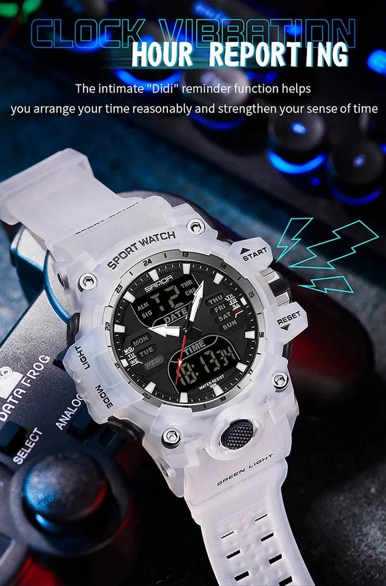 Sanda 6126 Herren-Armbanduhr mit digitaler LED-Anzeige, 3 ATM wasserdicht, Uhrwerk, Chronograph, Sportarmband aus Kunstharz