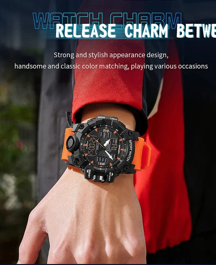 Sanda 6126 Herren-Armbanduhr mit digitaler LED-Anzeige, 3 ATM wasserdicht, Uhrwerk, Chronograph, Sportarmband aus Kunstharz