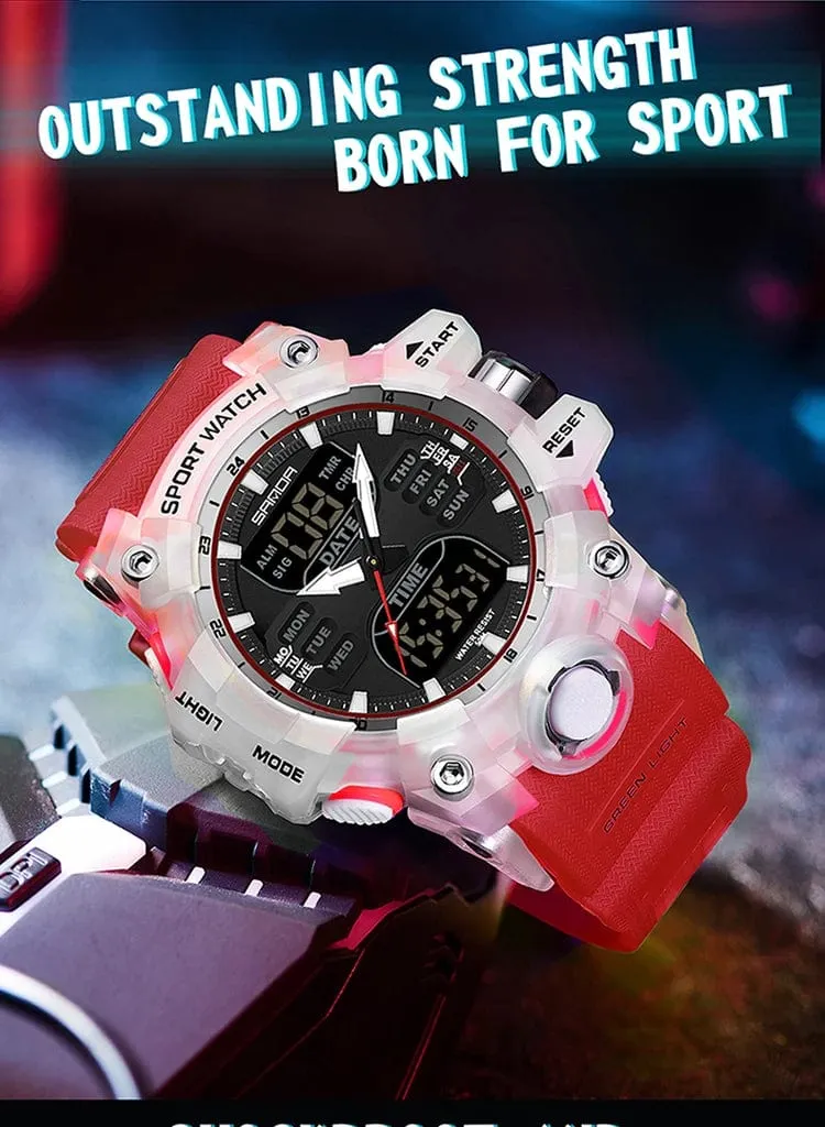 Sanda 6126 Herren-Armbanduhr mit digitaler LED-Anzeige, 3 ATM wasserdicht, Uhrwerk, Chronograph, Sportarmband aus Kunstharz