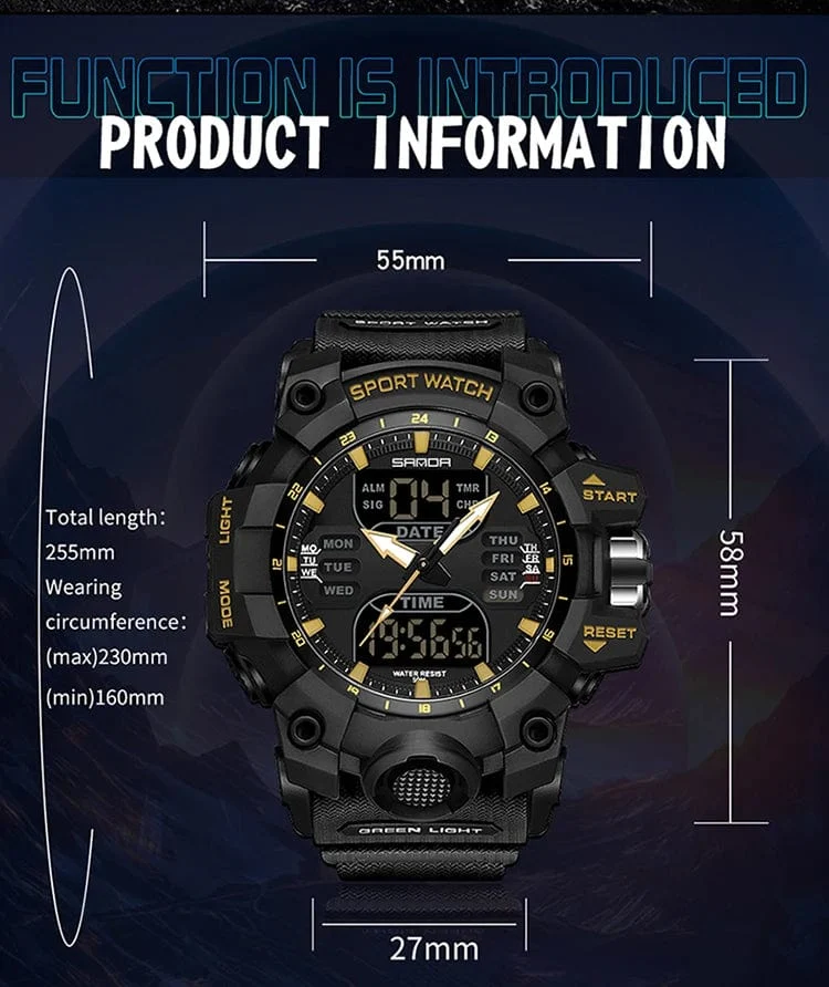 Sanda 6126 Herren-Armbanduhr mit digitaler LED-Anzeige, 3 ATM wasserdicht, Uhrwerk, Chronograph, Sportarmband aus Kunstharz
