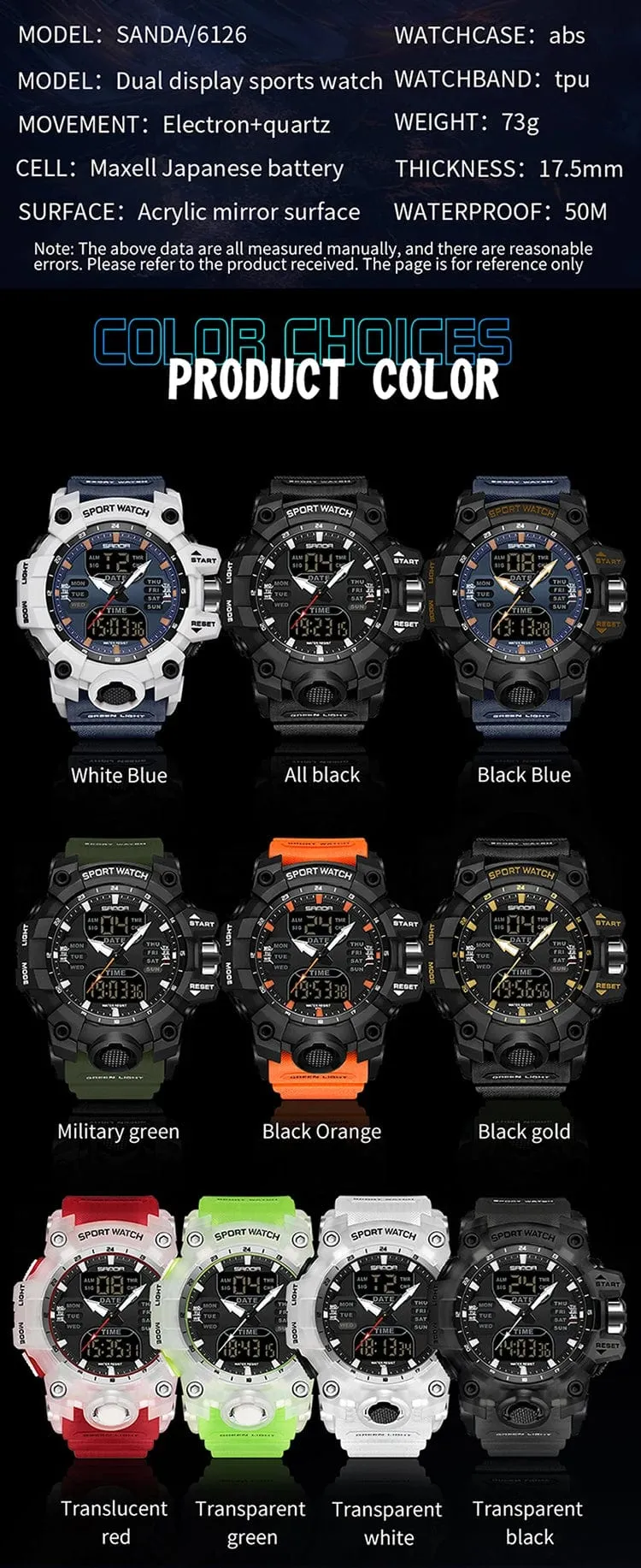 Sanda 6126 Herren-Armbanduhr mit digitaler LED-Anzeige, 3 ATM wasserdicht, Uhrwerk, Chronograph, Sportarmband aus Kunstharz