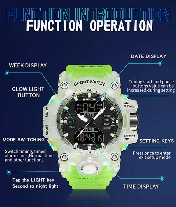 Sanda 6126 Herren-Armbanduhr mit digitaler LED-Anzeige, 3 ATM wasserdicht, Uhrwerk, Chronograph, Sportarmband aus Kunstharz