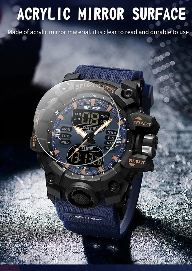 Sanda 6126 Herren-Armbanduhr mit digitaler LED-Anzeige, 3 ATM wasserdicht, Uhrwerk, Chronograph, Sportarmband aus Kunstharz