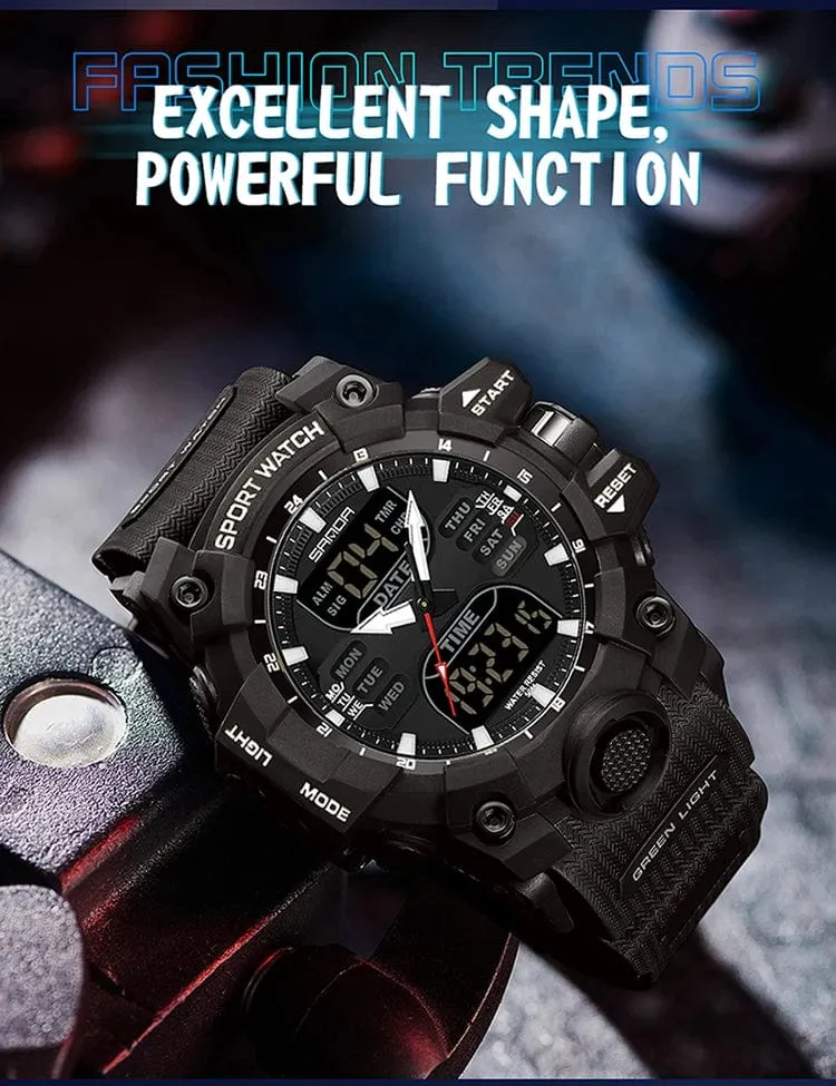 Sanda 6126 Herren-Armbanduhr mit digitaler LED-Anzeige, 3 ATM wasserdicht, Uhrwerk, Chronograph, Sportarmband aus Kunstharz