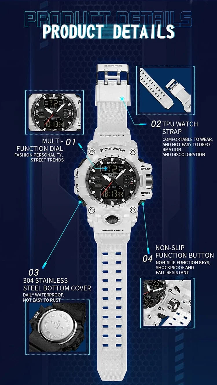 Sanda 6126 Herren-Armbanduhr mit digitaler LED-Anzeige, 3 ATM wasserdicht, Uhrwerk, Chronograph, Sportarmband aus Kunstharz