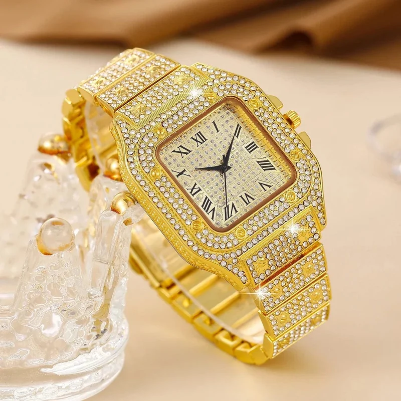 Übergroße Armbanduhr mit quadratischem Zifferblatt und Strasssteinen, ausgefallene Damenuhren, Schmuck, anspruchsvolle und stilvolle Damenuhr