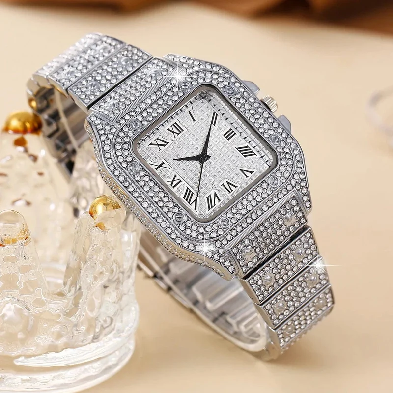 Übergroße Armbanduhr mit quadratischem Zifferblatt und Strasssteinen, ausgefallene Damenuhren, Schmuck, anspruchsvolle und stilvolle Damenuhr
