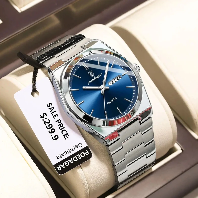 POEDAGAR Luxus-Armbanduhr für Herren, wasserdicht, leuchtend, Datum, Woche, Edelstahl, lässige Quarzuhr für Herren, Herrenuhr + Box