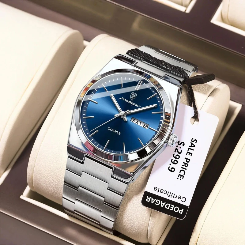 POEDAGAR Luxus-Armbanduhr für Herren, wasserdicht, leuchtend, Datum, Woche, Edelstahl, lässige Quarzuhr für Herren, Herrenuhr + Box